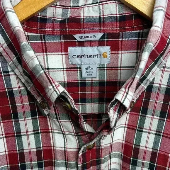 Carhartt Cotton Shirt Red Black Plaid Short Sleeve XL Button Down Relaxed Fit - Picture 5 of 9